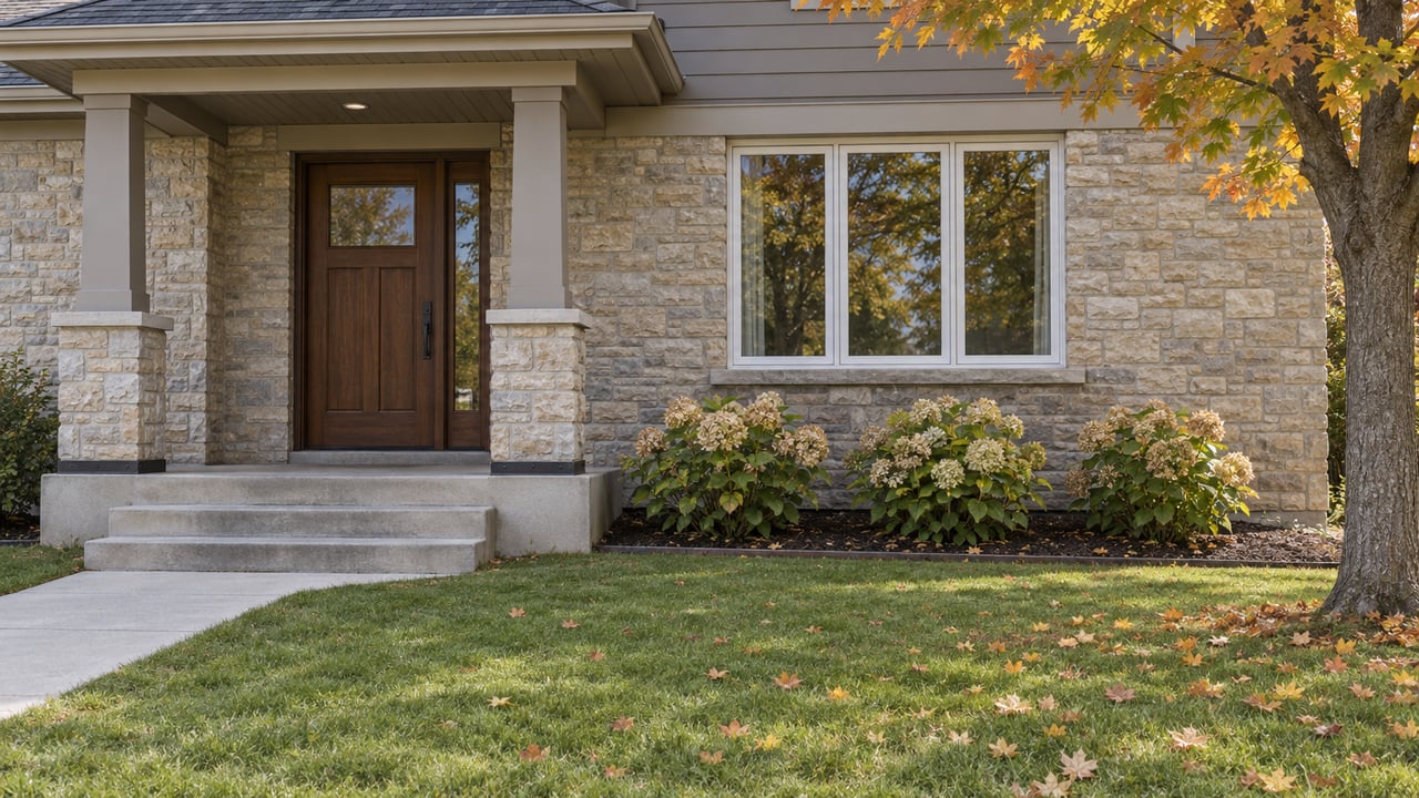 Stone-and-taupe-sided home with a sheltered oak entry, broad concrete steps, autumn maple and a deep front lawn.