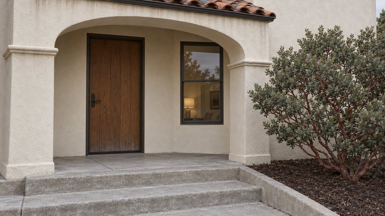 Recessed oak entry door and bronze-framed window in textured pale stucco, above worn concrete steps beside a sculptural manzanita.