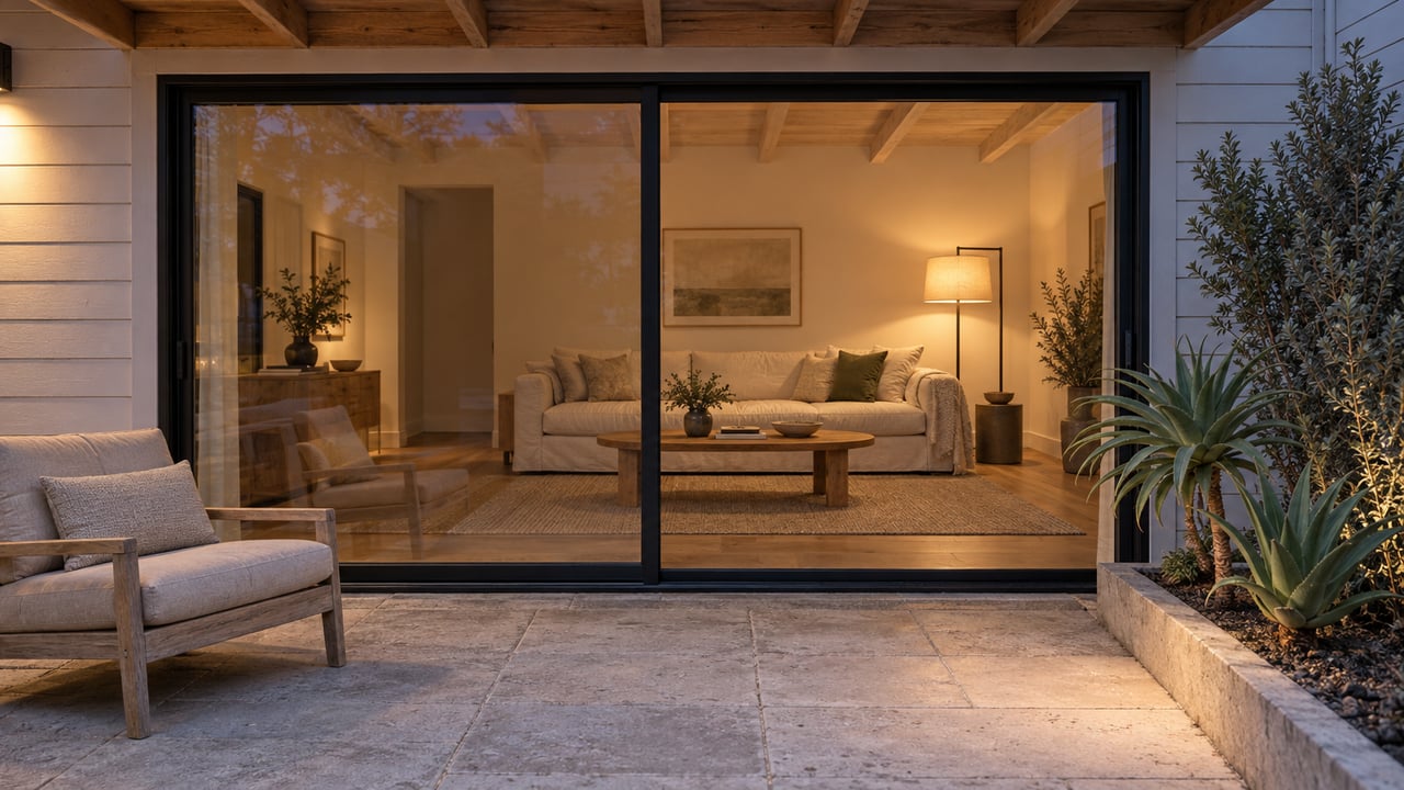 Blue-hour terrace outside a softly lit single-story home, with black-framed glass sliders, pale limestone paving, a teak chair and sculptural succulent planting.