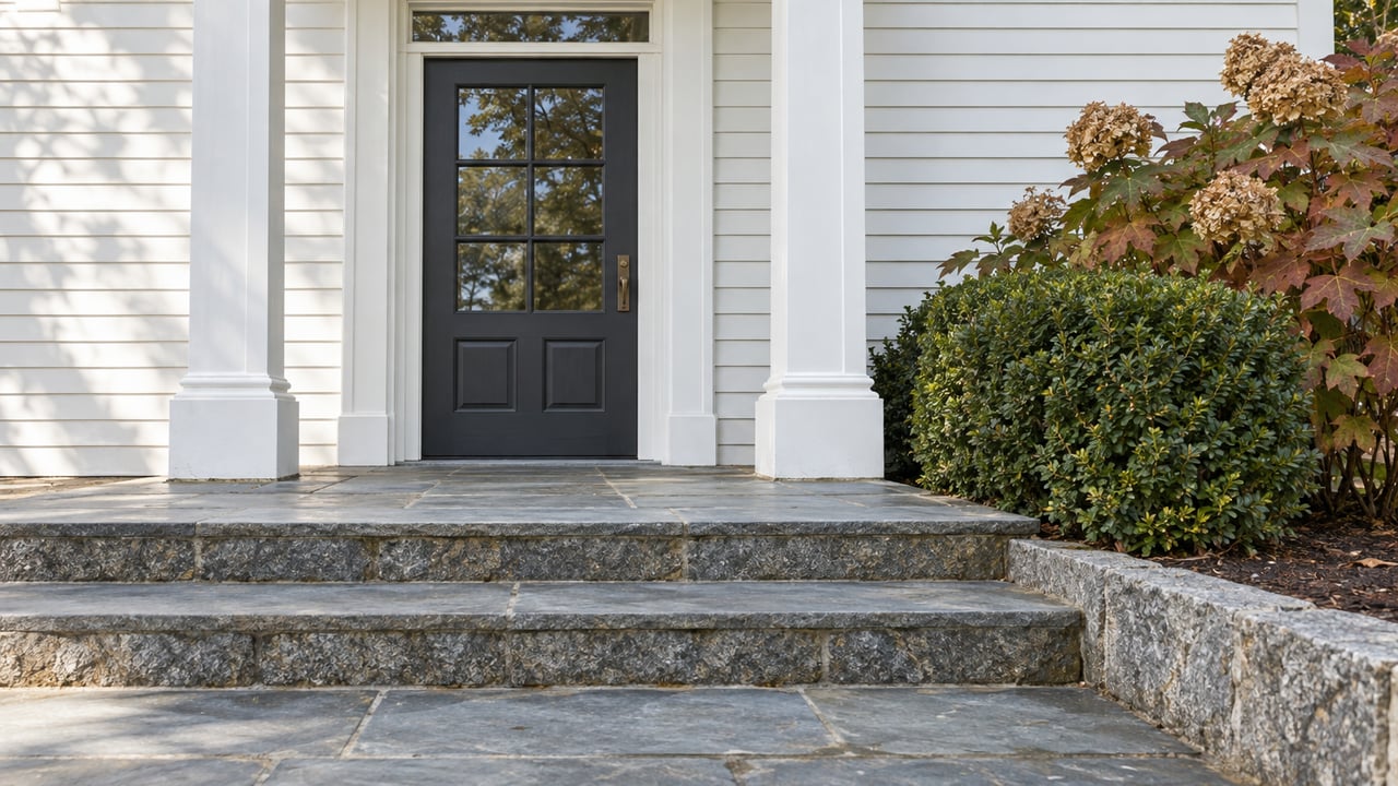 Low-angle view of bluestone entry steps, a charcoal glazed door, white timber trim and autumn oakleaf hydrangea.