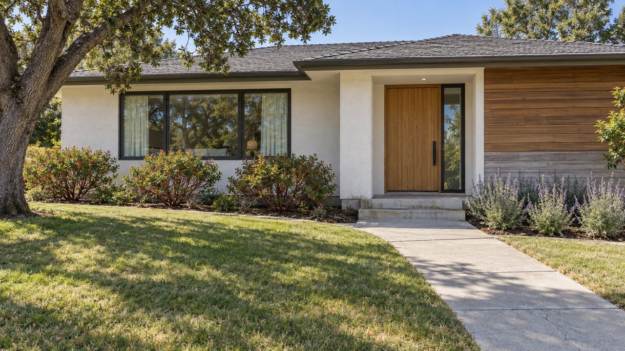 A well-maintained single-story stucco and cedar home with a broad front lawn, mature oak, and a concrete approach to a recessed oak entry.