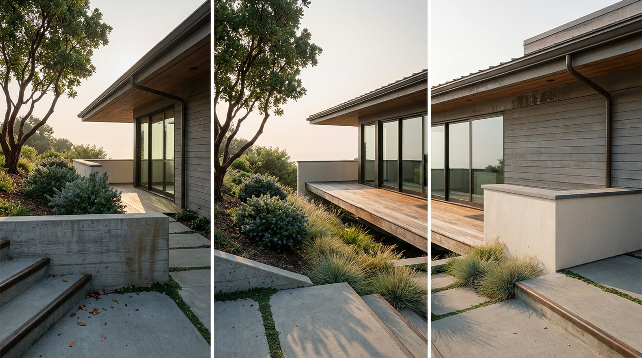 Modern cedar-sided home with a cantilevered deck above a terraced hillside garden and concrete landing.