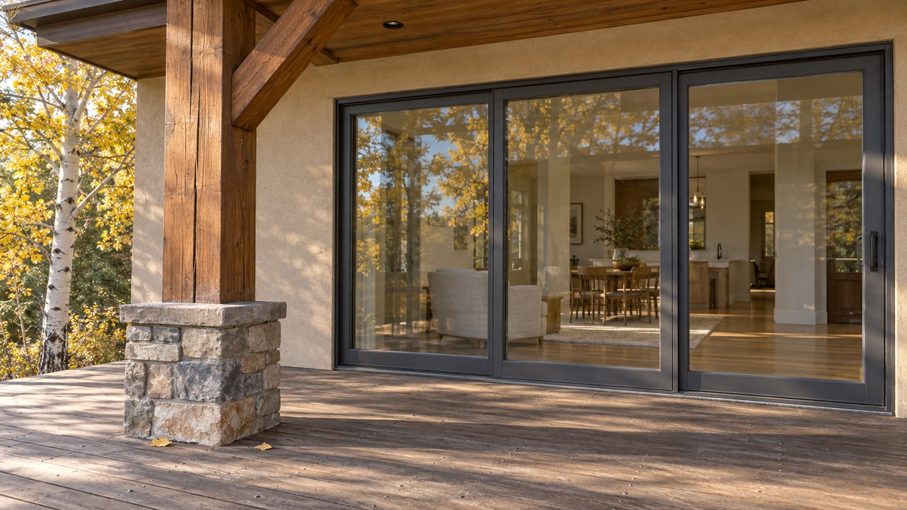 Morning light crosses a timber-framed deck beside closed glass doors, stone post bases and a yellow-leaved aspen.