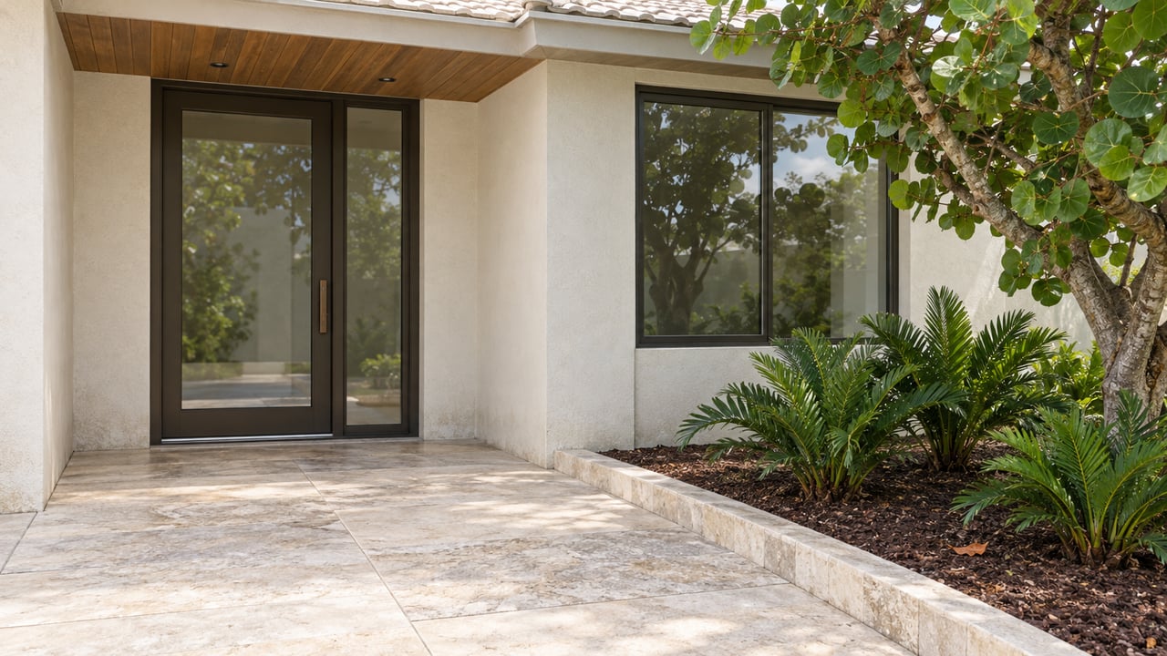 Warm-white stucco home entrance with bronze-framed glazing, a cypress soffit, limestone paving and sculptural sea grape planting.