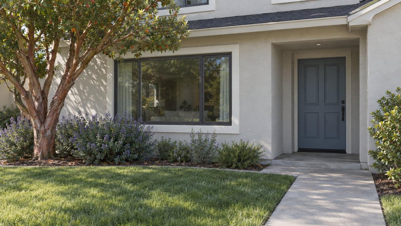 Modest two-story stucco home with a blue-gray front door, large window, lawn, and concrete walkway.