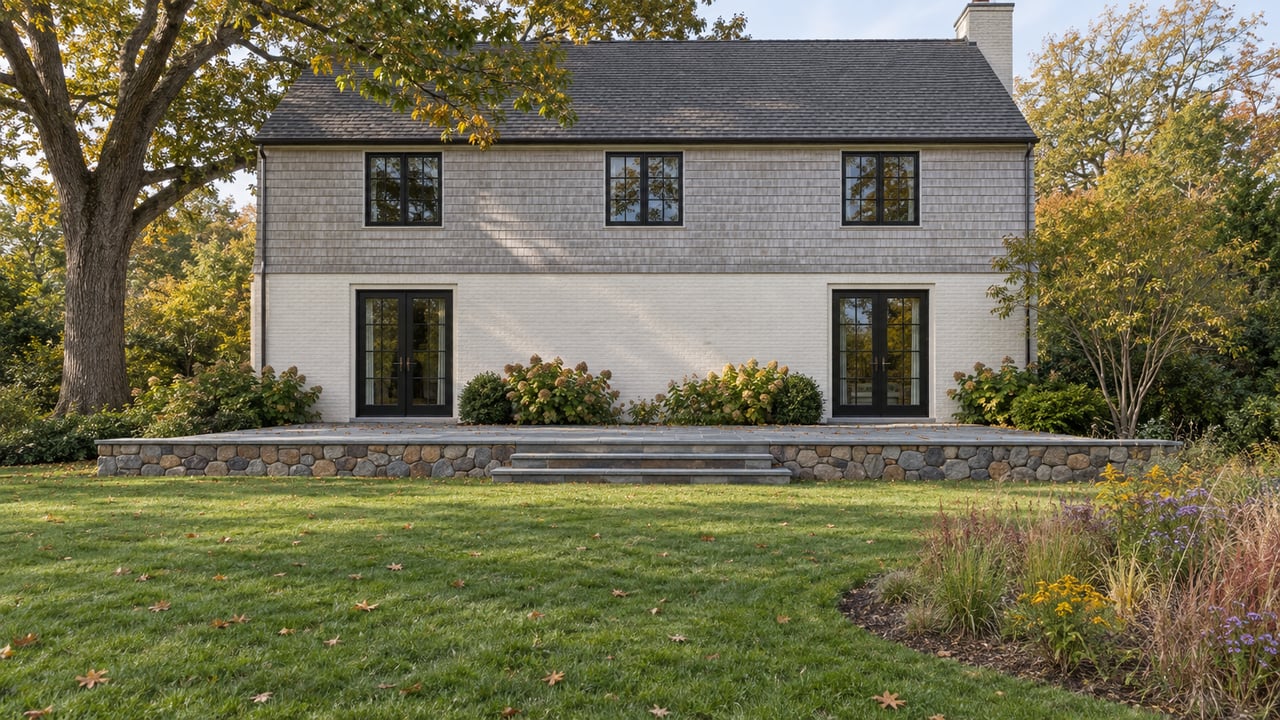 Off-white brick house with cedar-shingled upper floor, bluestone terrace, and a young meadow pocket in the lawn.