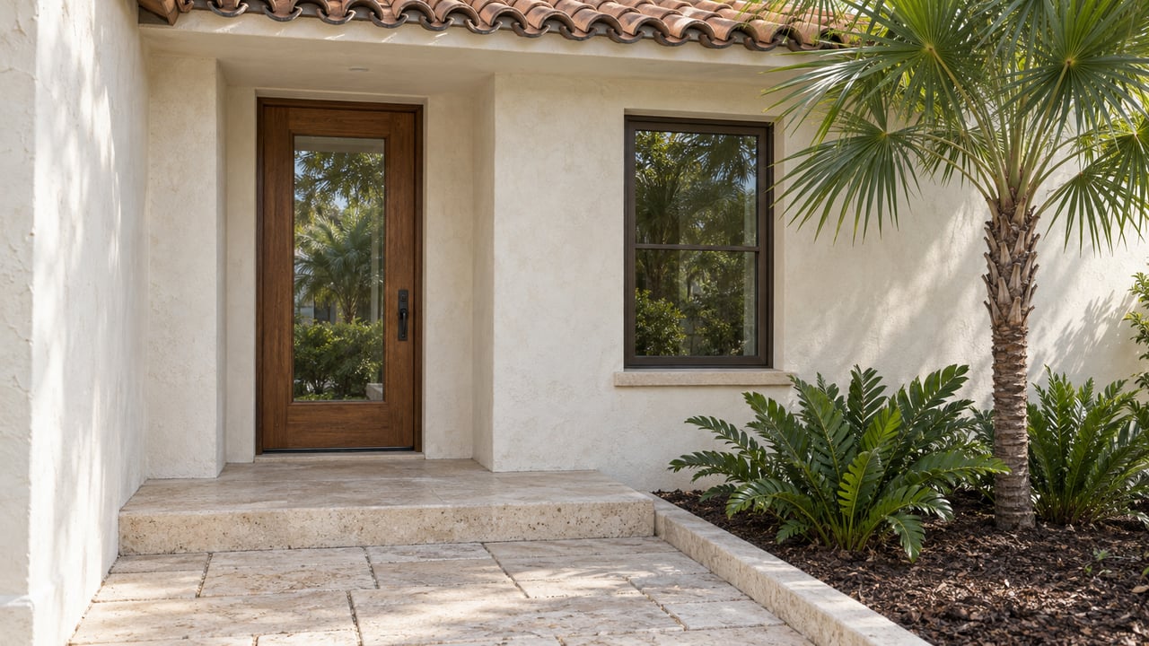 Stucco home entry with a glazed wood door, bronze-framed window, limestone step, and palms in a bark bed.