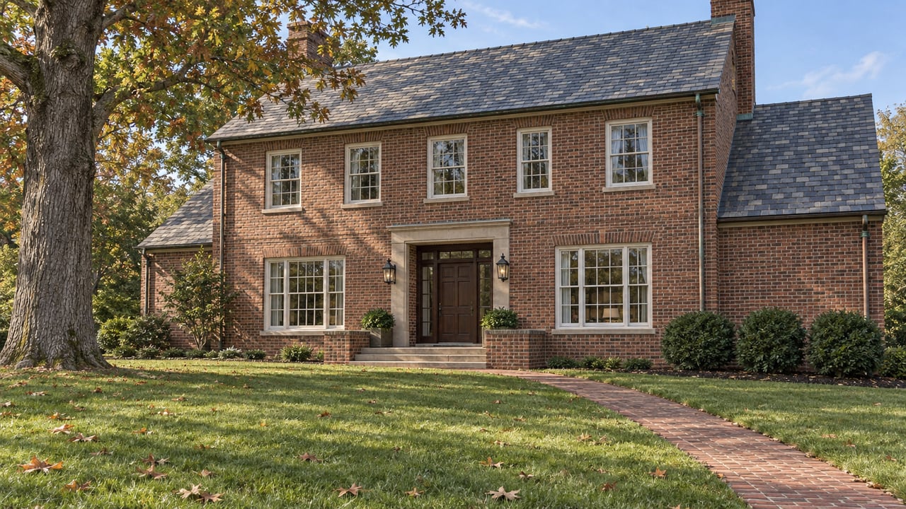 Red-brown brick home with slate roof, limestone entry steps and a deep lawn beneath a mature white oak.