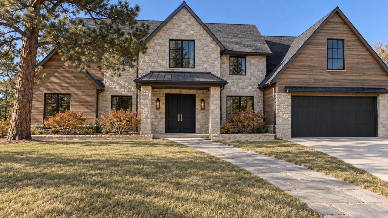 A large gabled home with pale stone, wood siding and black windows behind a deep autumn lawn, framed by a ponderosa pine.