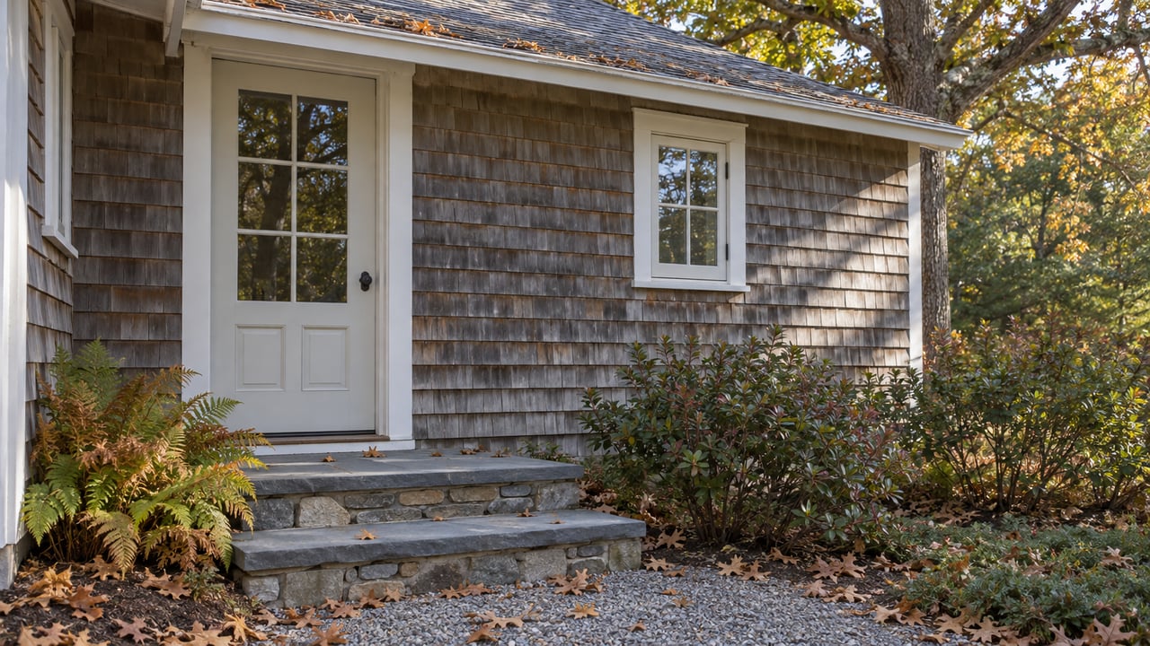 Cedar-shingle cottage side porch with a glass-paneled door, bluestone steps, and oak leaves on the gravel.
