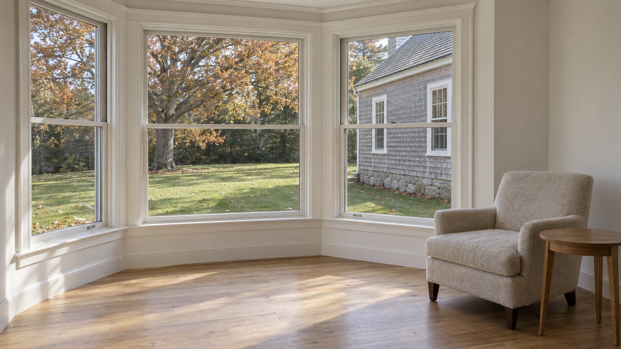 Sunlit sitting room with a deep white-painted window bay, pale oak floors and an oatmeal wool chair overlooking autumn foliage and a gray-shingled wing.