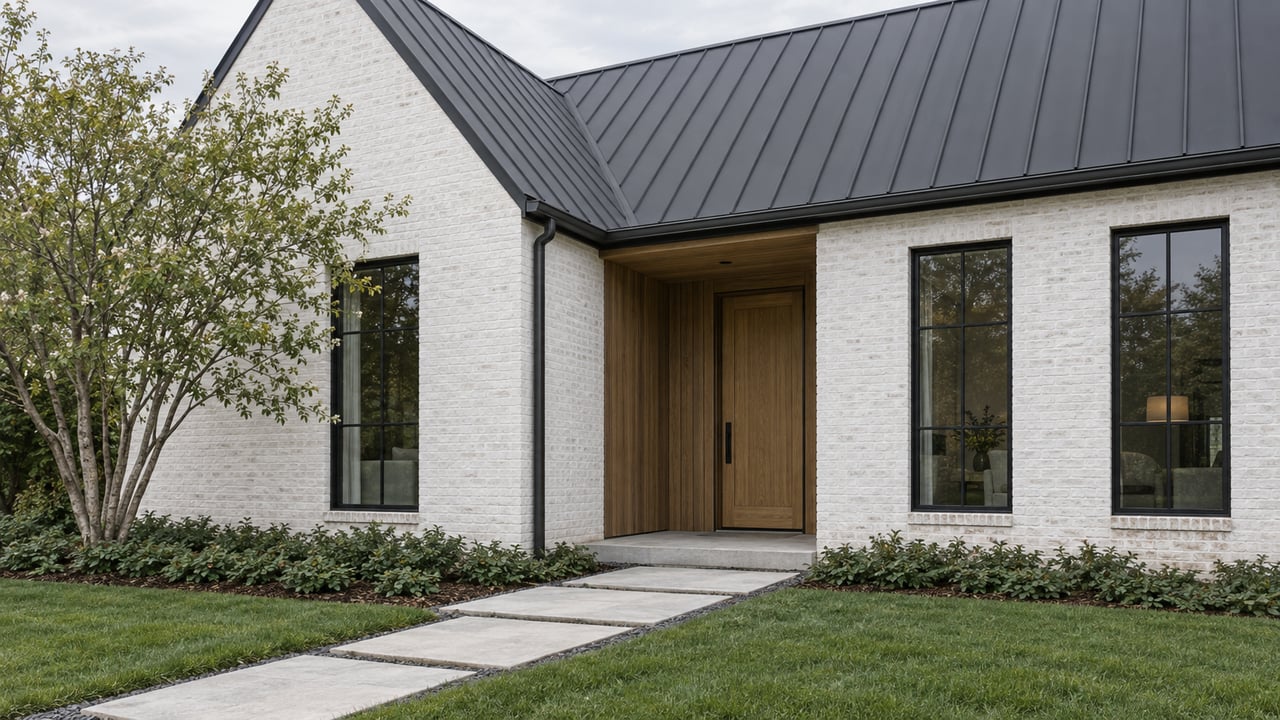 White limewashed brick gable, recessed wood entry, black-framed windows, and limestone pavers across a blue-green lawn.