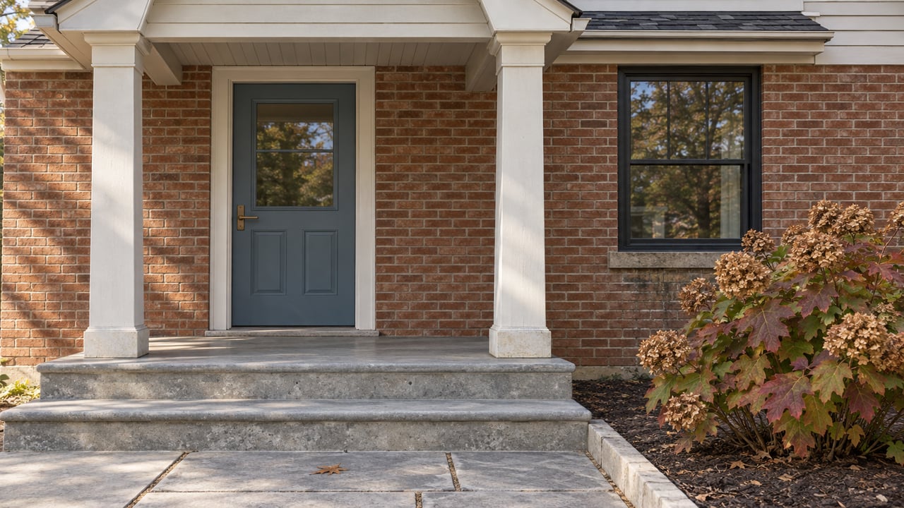 Covered brick entry with a slate-blue door, limestone steps and autumn oakleaf hydrangea beside a black-framed window.