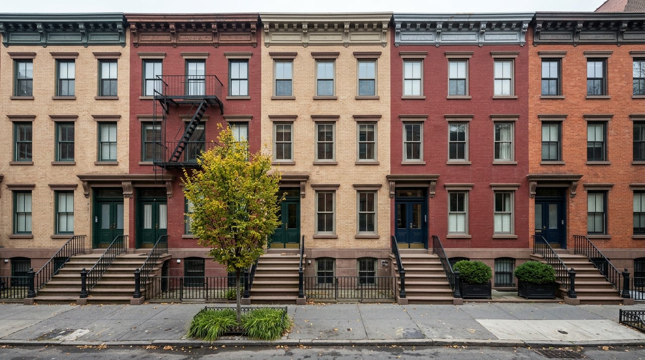 Attached brick townhouses with stone stoops, iron railings, green doors, and a yellow-green street tree.