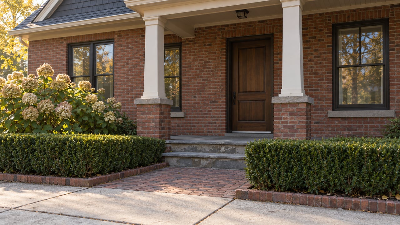 Brick house with an ivory-columned porch, walnut door, brick path, clipped hedge, and fading hydrangea blooms.