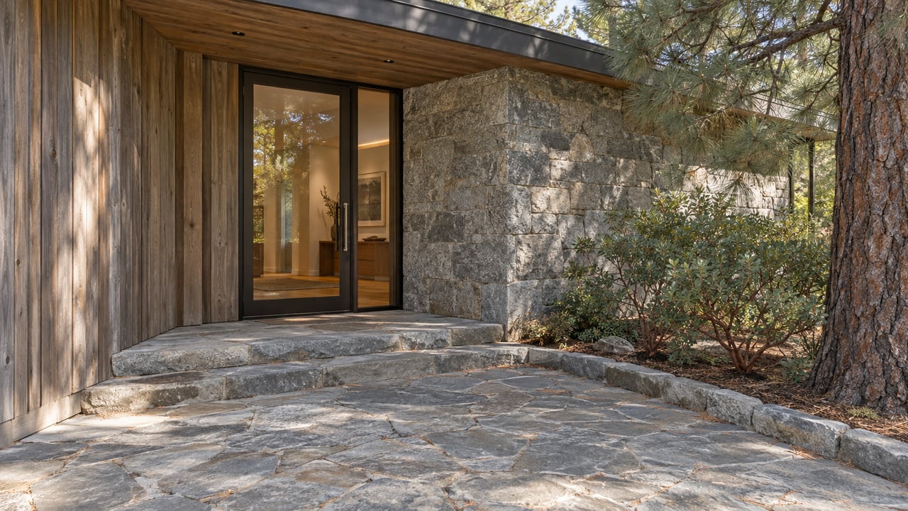 Cedar-clad home entry with a glazed bronze door, granite wall, flagstone steps, and pine branches overhead.
