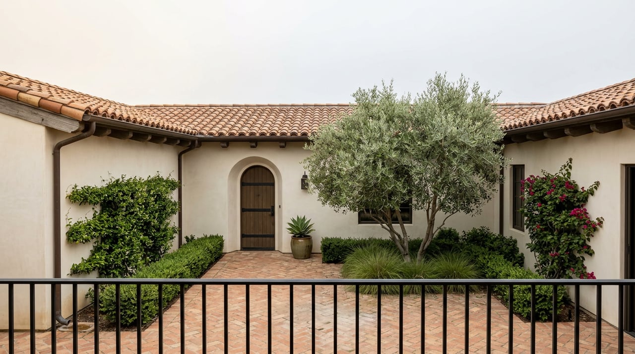 Mediterranean courtyard with terracotta pavers, olive tree, arched doorway, and clay-tile roof beneath overcast sky.