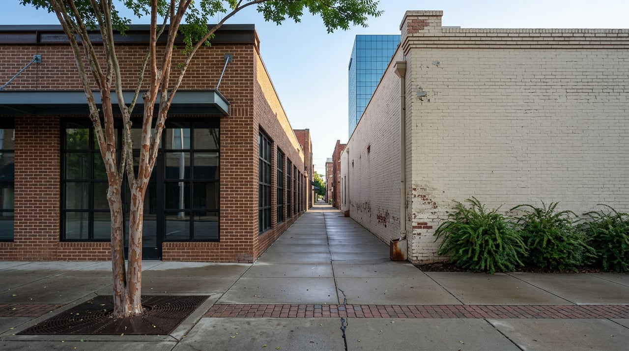 Narrow downtown street between brick buildings, with a lacebark elm and a blue-glass tower rising beyond the roofs.