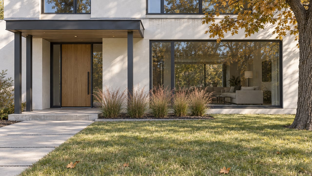Contemporary home with pale stucco, broad windows and a sheltered oak entry beside autumn oak foliage and copper-toned grasses.