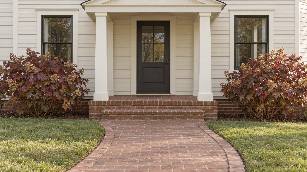 Ivory clapboard home with a columned brick porch, charcoal glazed door and curved brick walk bordered by autumn oakleaf hydrangeas.