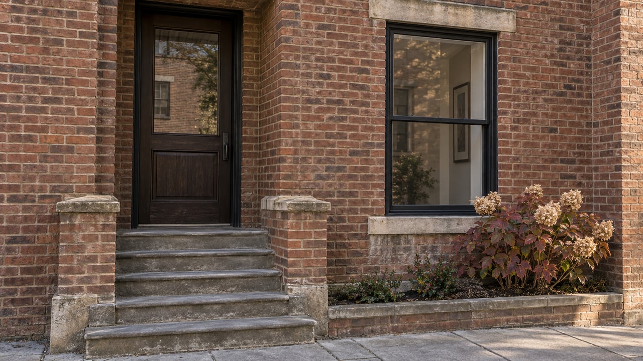 Brick rowhouse entrance with worn bluestone steps, an oak door, tall sash windows and burgundy oakleaf hydrangea foliage.