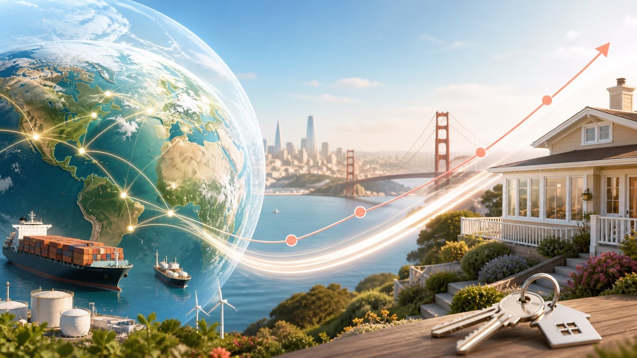 Global shipping and energy routes connecting to Bay Area housing and mortgage rates