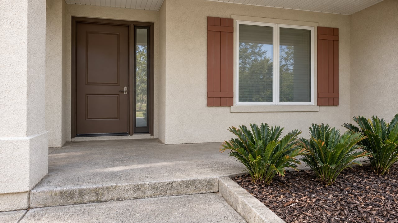 Covered entry of a pale stucco home with a brown door, terracotta shutters, concrete steps and three coontie plants.