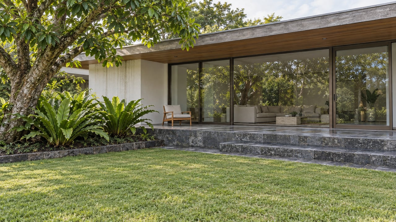 Contemporary home with a sheltered basalt terrace, bronze-framed glass and a broad breadfruit canopy beside a tropical lawn.