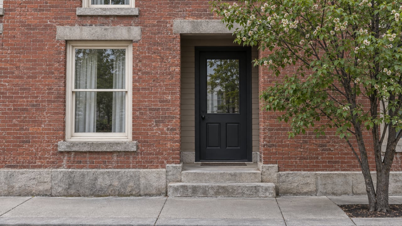 Weathered red-brick urban home with a recessed dark door, limestone steps, and a leafy tree at right.