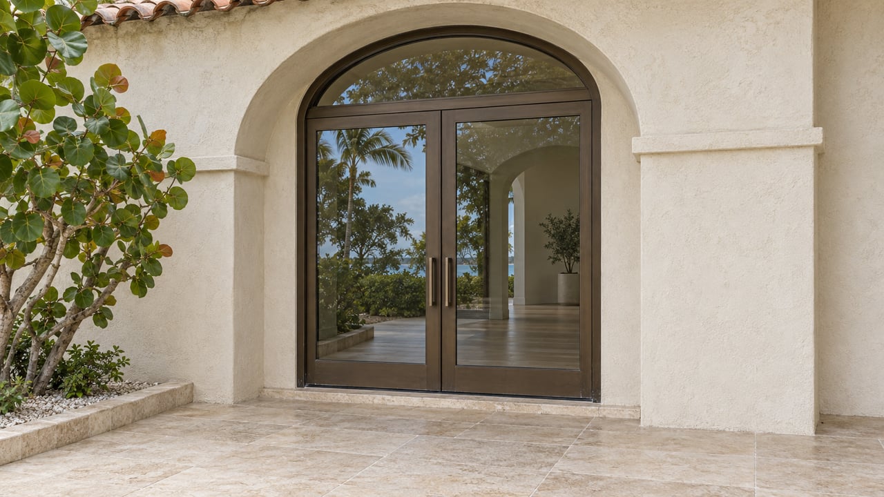 Arched bronze-framed glass entrance beneath terracotta tiles, with ivory stucco, travertine paving and a sea grape tree beside a raised stone planting bed.