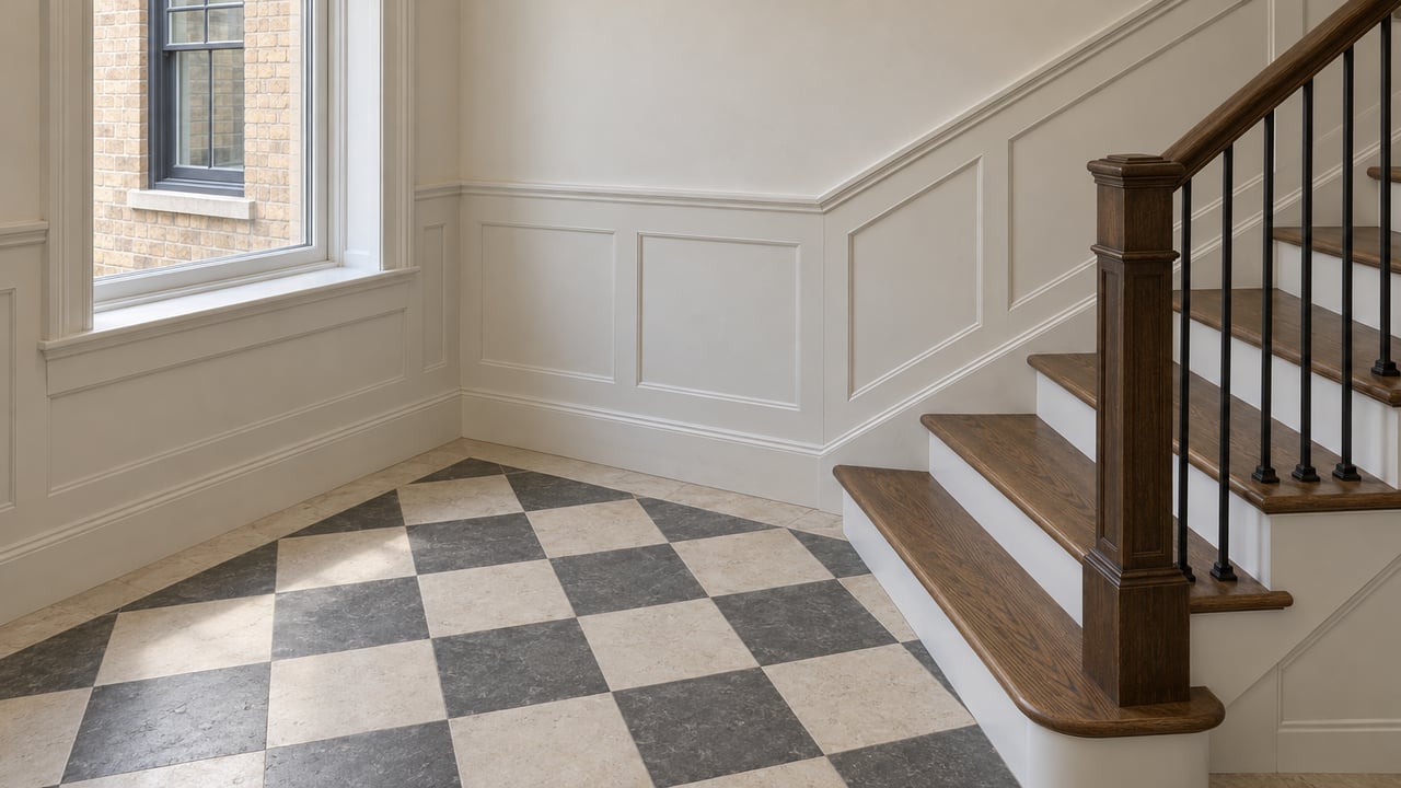 Daylit enclosed foyer with ivory-and-charcoal limestone tile, oak stair treads, black iron balusters, and white paneled walls.