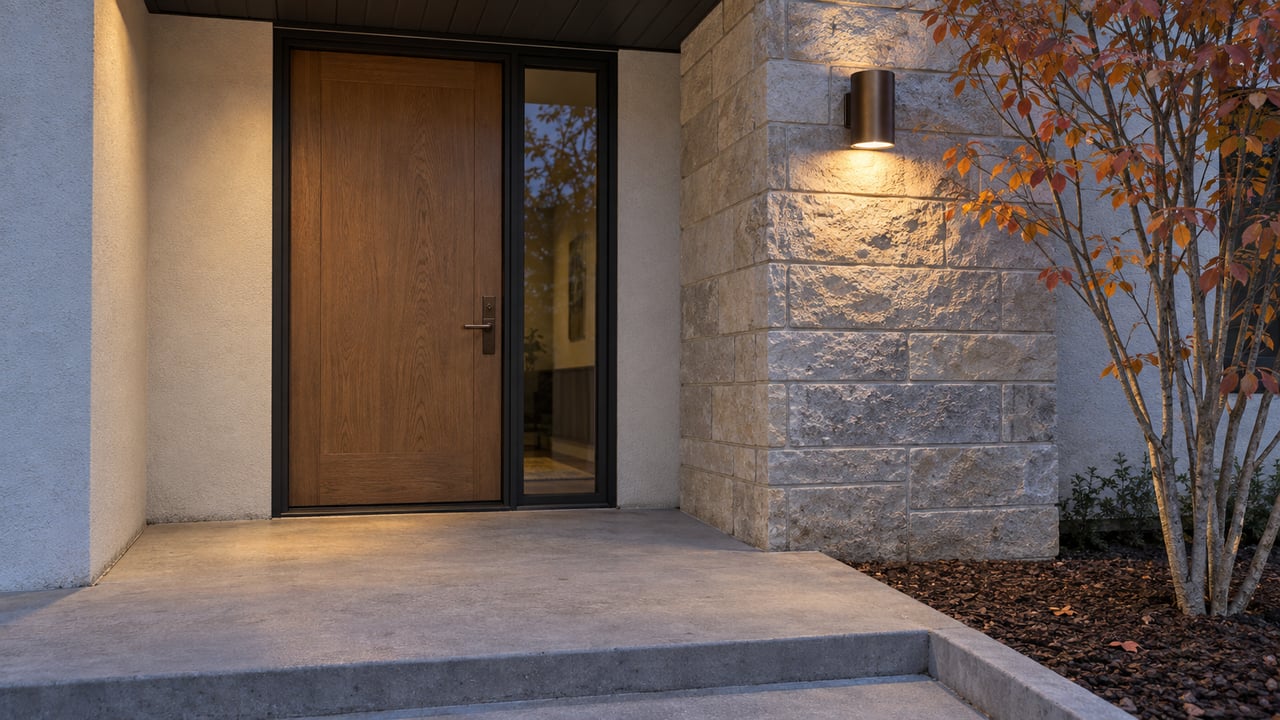 Warm entry light illuminates a limestone pier beside a closed oak front door, with copper serviceberry leaves framing the concrete landing.