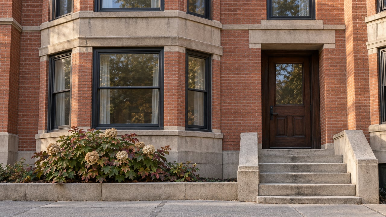 Red-brick residential facade with black-framed bay windows, a recessed oak entry, worn limestone steps, and an oakleaf hydrangea.