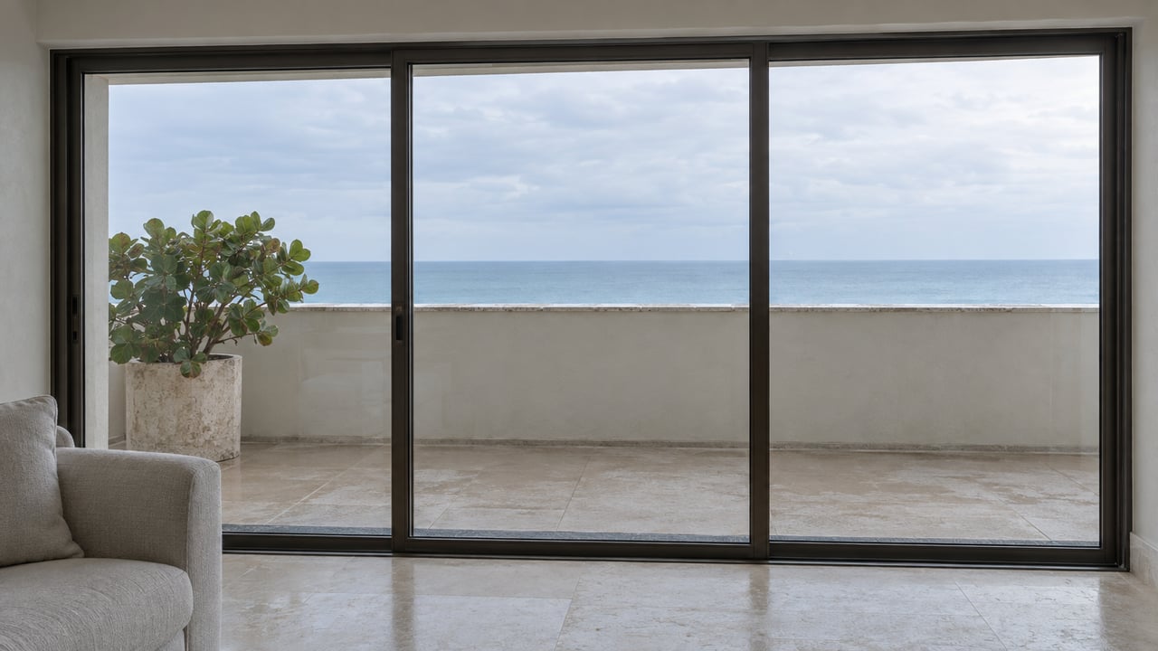Closed sliding glass doors open onto a terrace with a planter, pale pavers, and a low parapet.