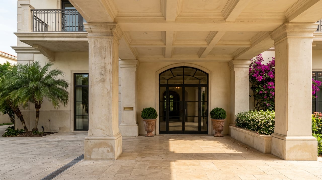 Limestone columns frame arched black-steel entry doors beneath a coffered ceiling, flanked by terracotta urns.