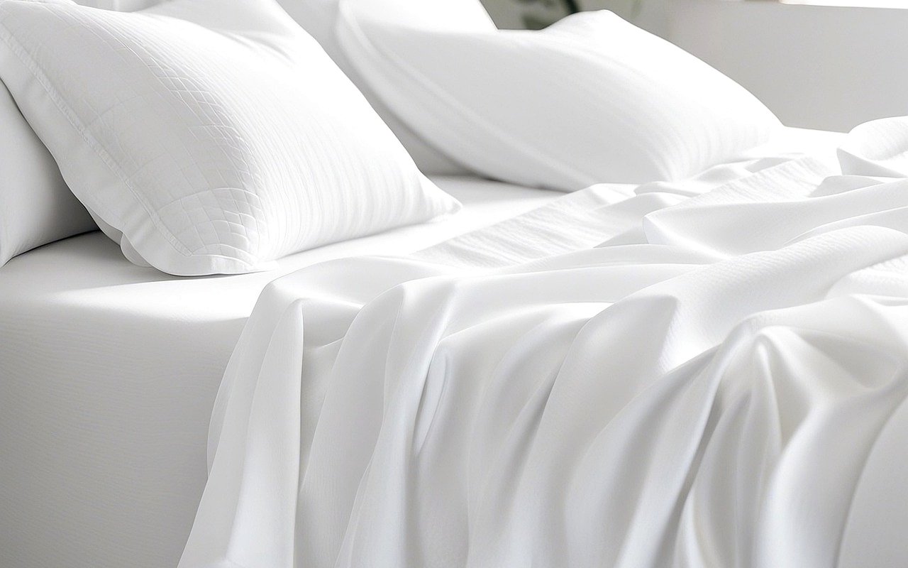 Neatly made bed with layered white pillows and a softly draped comforter.