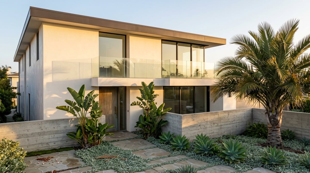 Coastal home with cream stucco, glass terrace railing, stone path, and a palm catching the evening light.