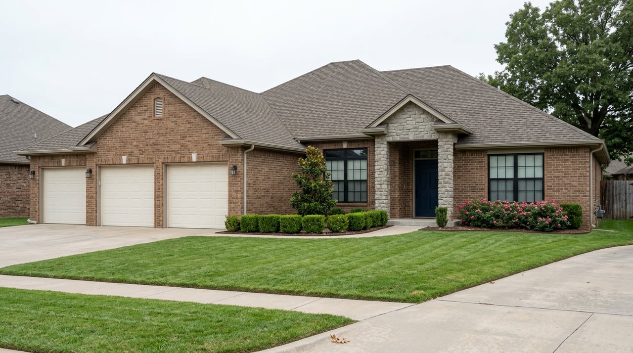 Brick suburban home with three white garage doors, a stone entry, divided-lite windows, and a curved walkway through the lawn.