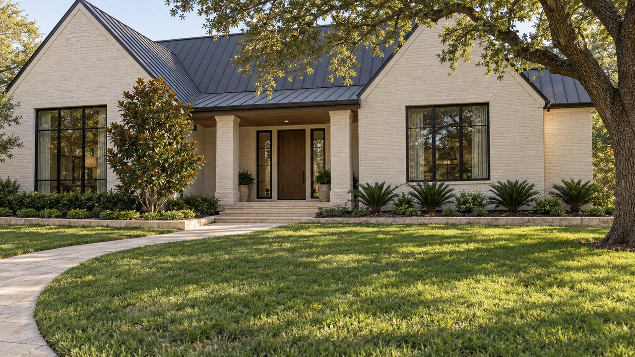 Pale brick home with steep dark metal gables, black-framed windows and a recessed oak entry beyond a deep lawn and limestone approach.