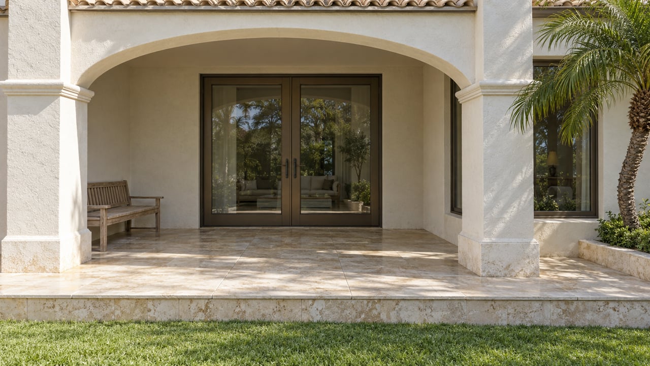 Pale stucco arch framing bronze glazed doors and a limestone terrace above a clipped lawn.