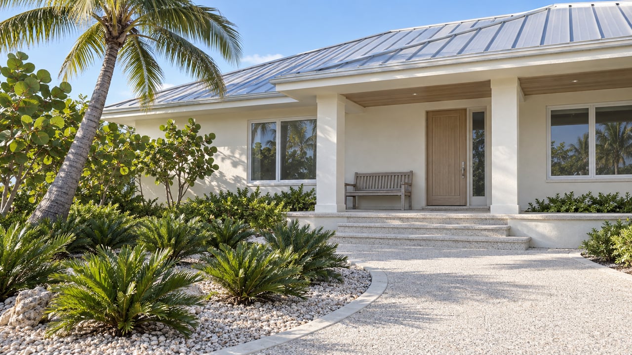 Sunlit pale coastal home with a silver metal roof, covered entry, shell-aggregate path and sculptural tropical planting.