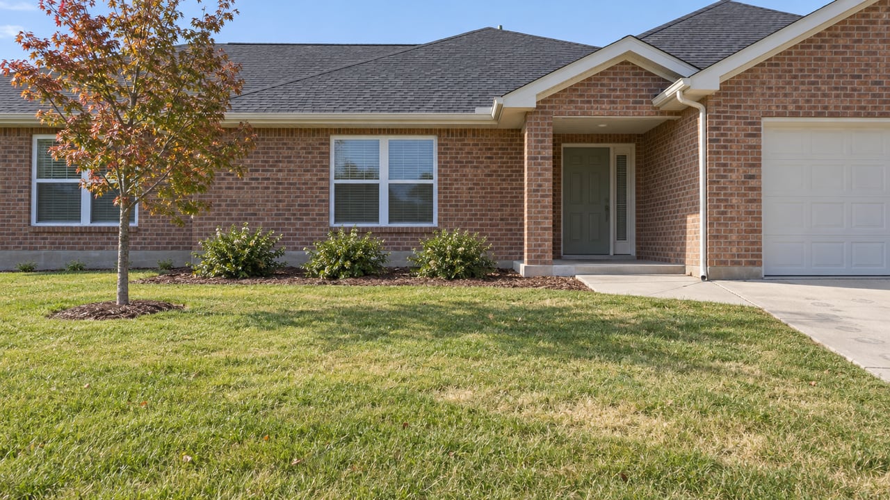 Modest single-story brick home with a deep front lawn, concrete approach and small autumn planting bed.