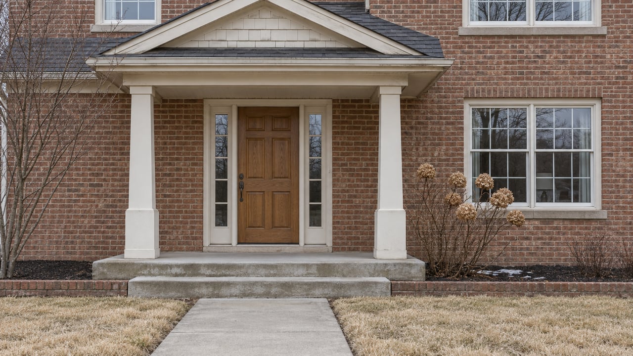 Brick home entry with an oak door, cream porch posts, concrete steps, and dormant winter planting.