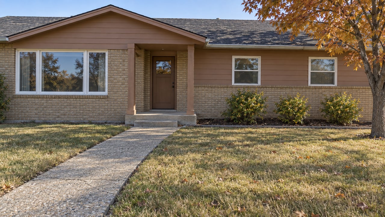 Morning light across a single-story brick-and-sided home with a deep autumn lawn and concrete front approach.