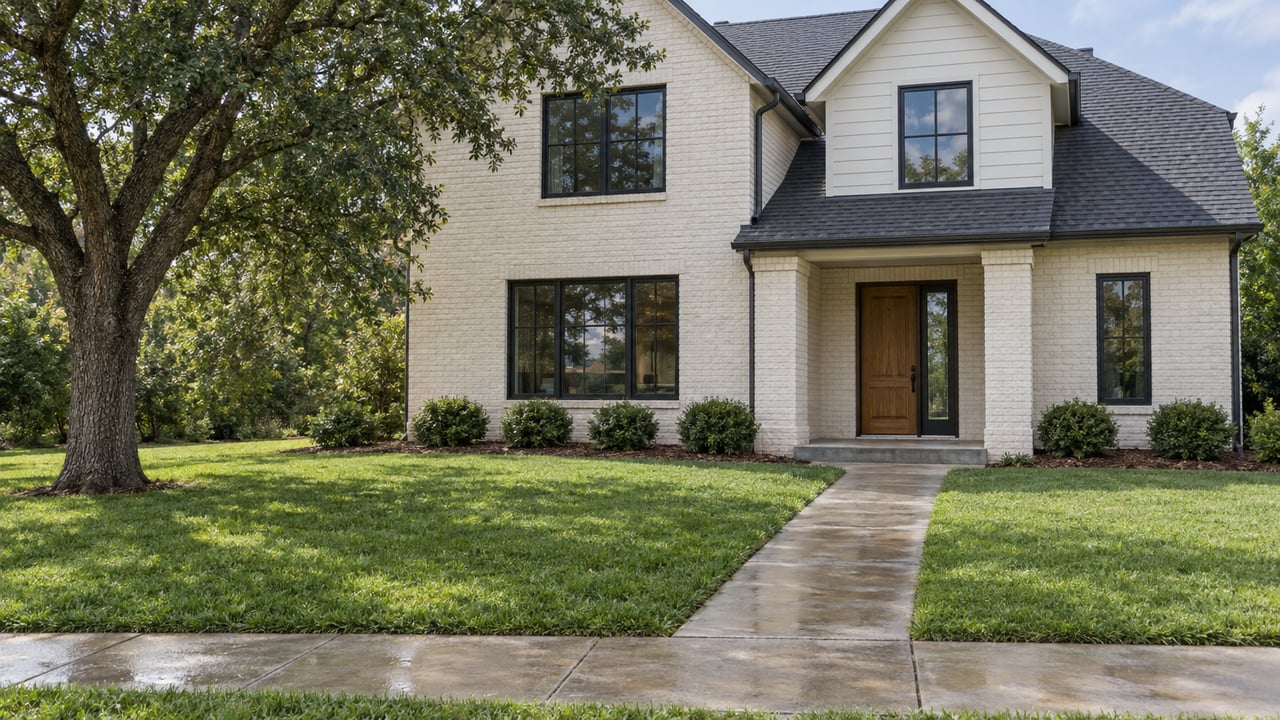Ivory brick two-story home with black-framed windows, a recessed oak entry and a broad lawn beneath a mature live oak.
