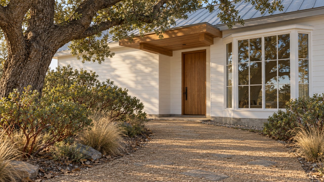 White-sided house with an oak entry door, curving gravel approach, and oak branches overlapping the facade.