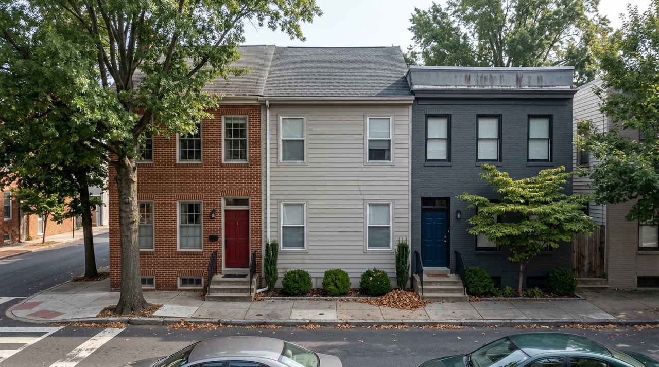 Three attached homes with red brick, gray siding, charcoal brick, stoops, and crosswalk stripes.