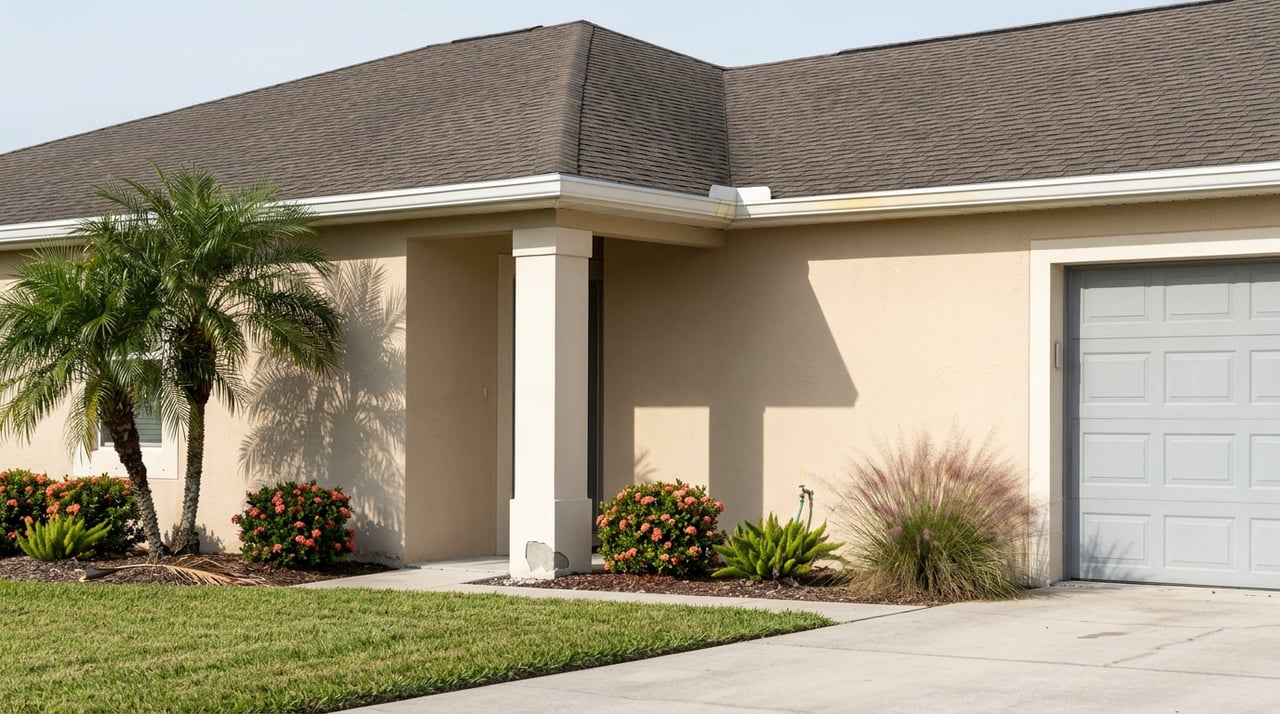 Beige stucco home with a charcoal hip roof, cropped garage, palm, and coral-blooming shrubs.
