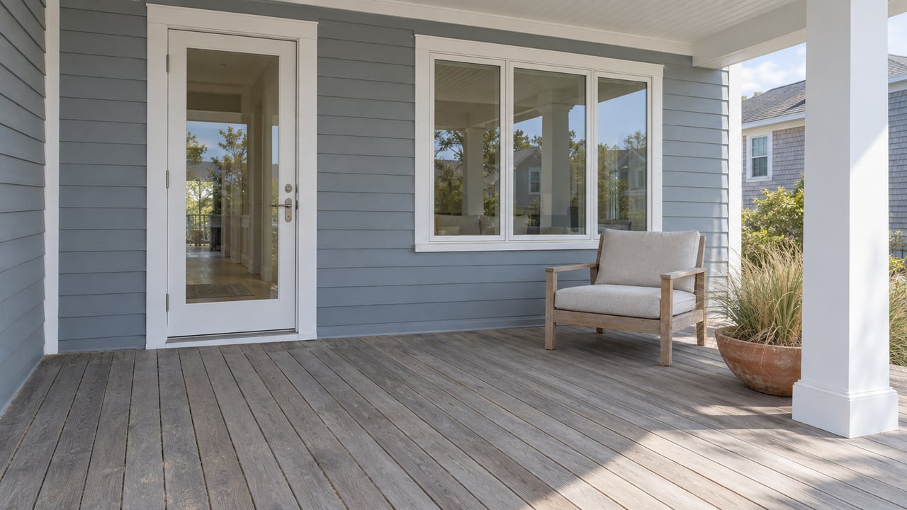 Covered porch with blue-gray siding, a glass-paneled door, and a cushioned chair beside potted grass.