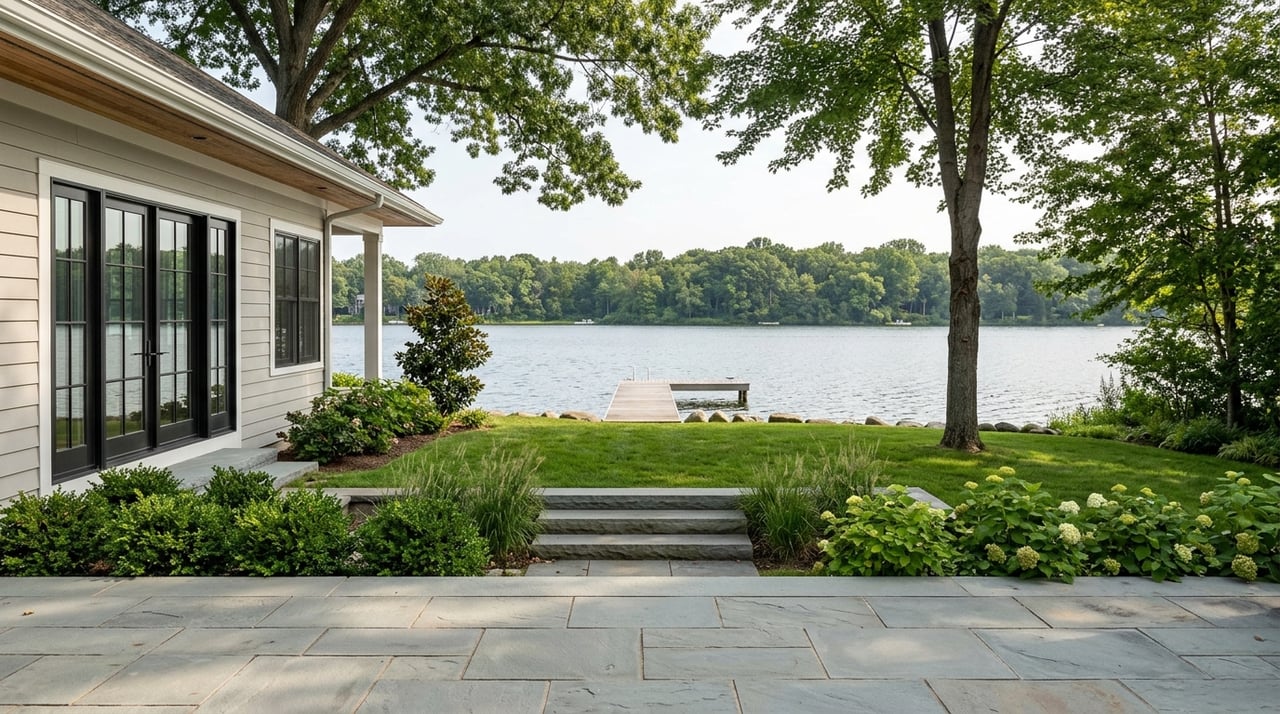 Lakeside rear terrace beside a dock.